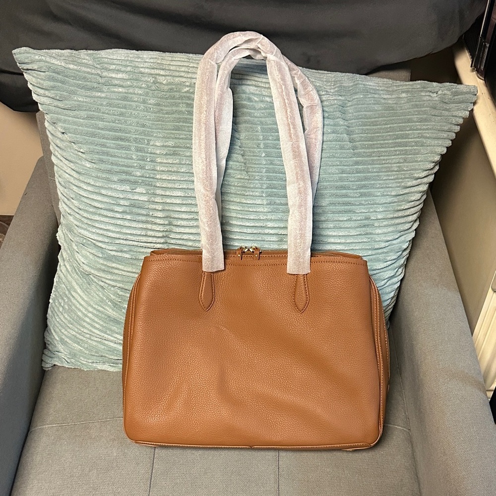 Quince Tripple Compartment Brown Leather Tote with Double Top Handles